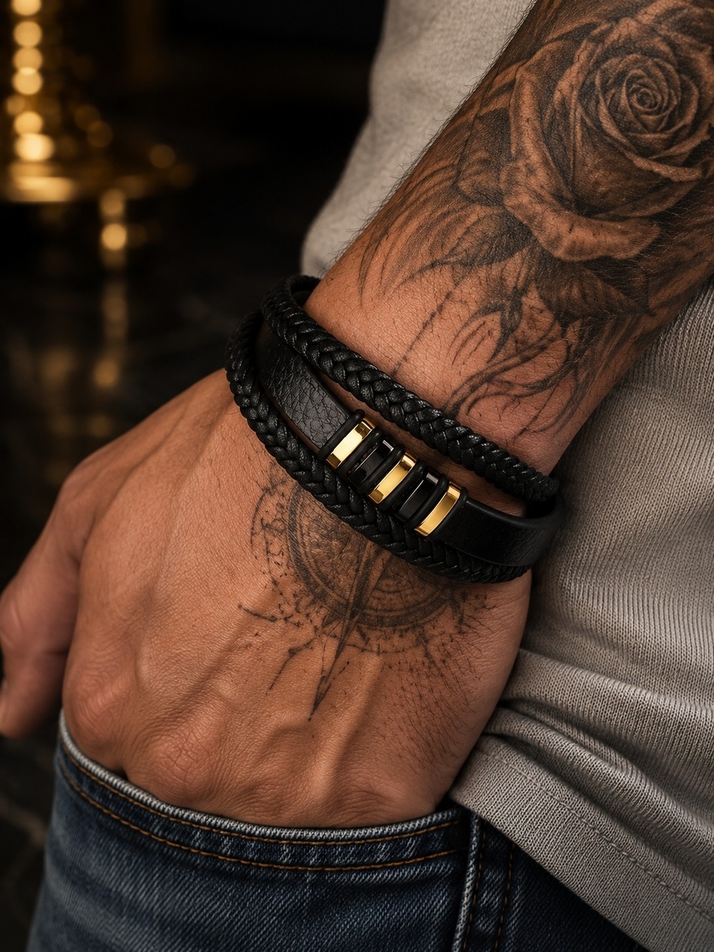 Black Leather Bracelet with Gold Accents